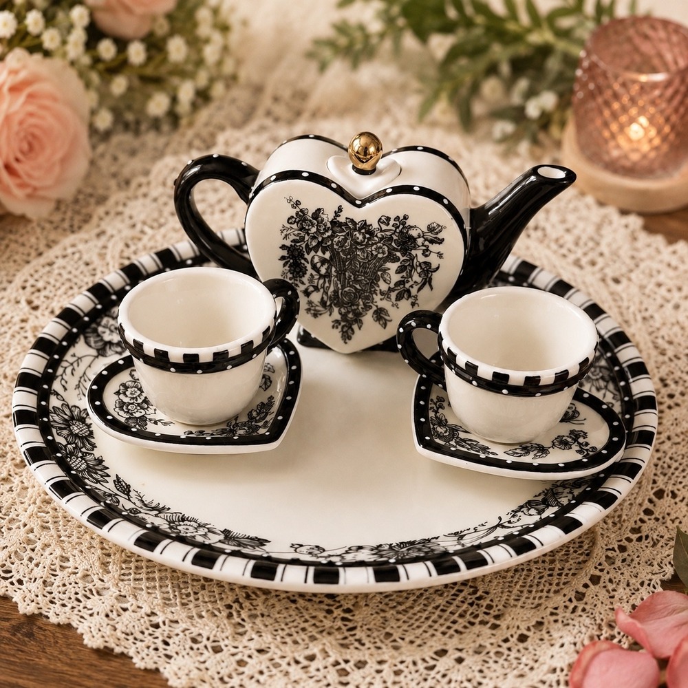 Mud Pie Heart Shaped Tea Set Black White Floral Ceramic Teapot Cups Tray 6pc
